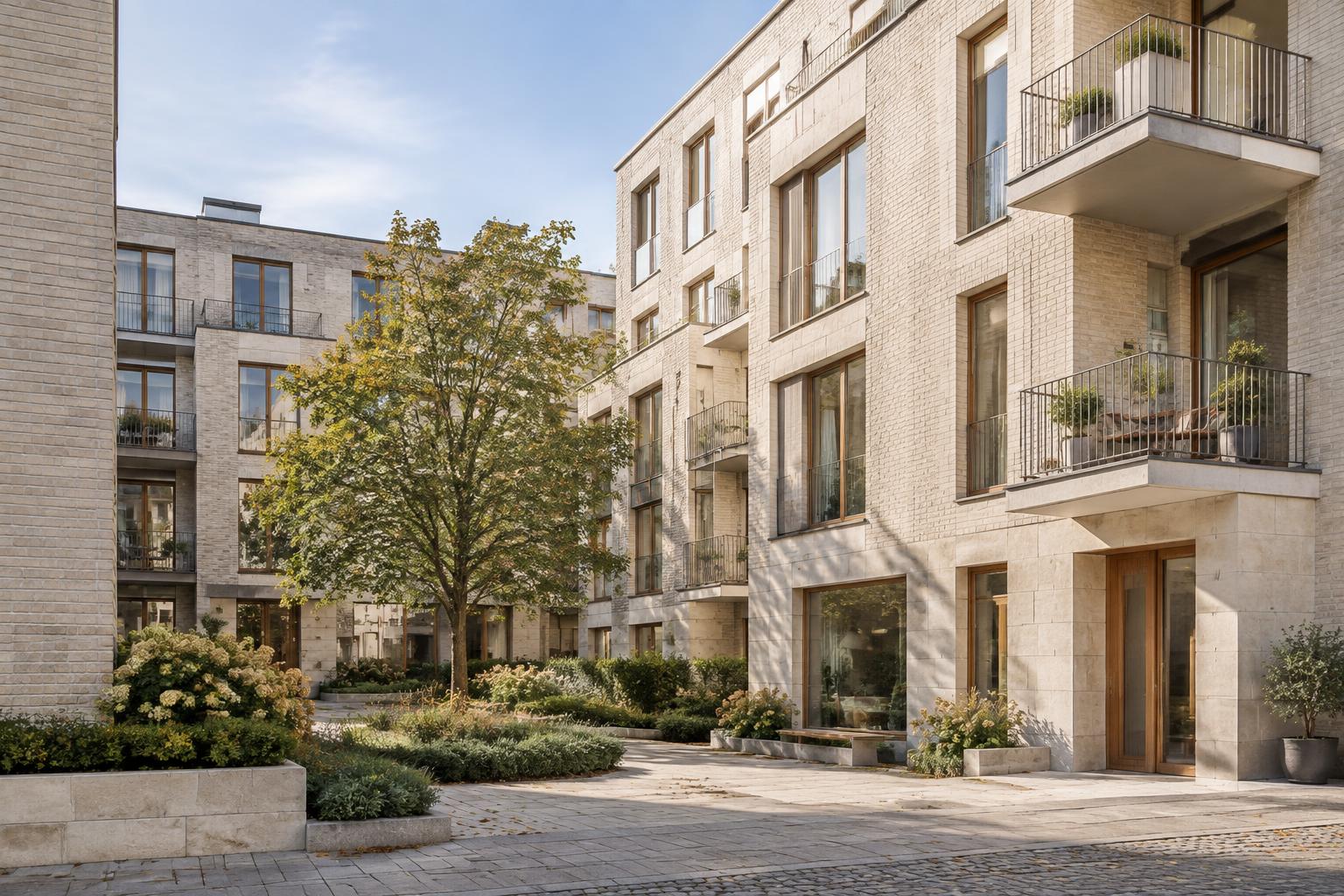 Bostadskvarter med ljusa fasader och grönskande innergård